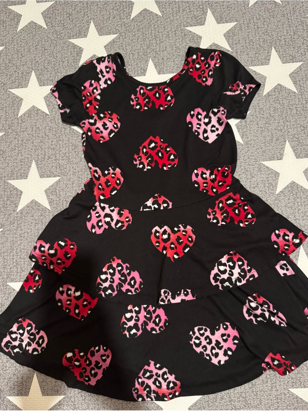 Pixie Lane Girls Black Heart Print Tiered Dress with Pink & Red Leopard Hearts